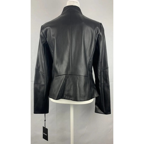 NWT DKNY Zip Front Faux Leather Moto Jacket Black W/ Tiny Metallic Detail Trim - Picture 16 of 16